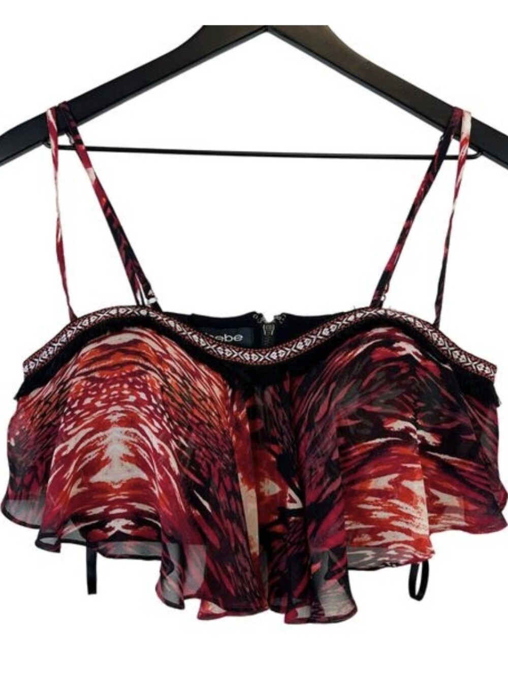 Bebe Crop Bra Chiffon Top Red Black Print Ruffled - Size Small